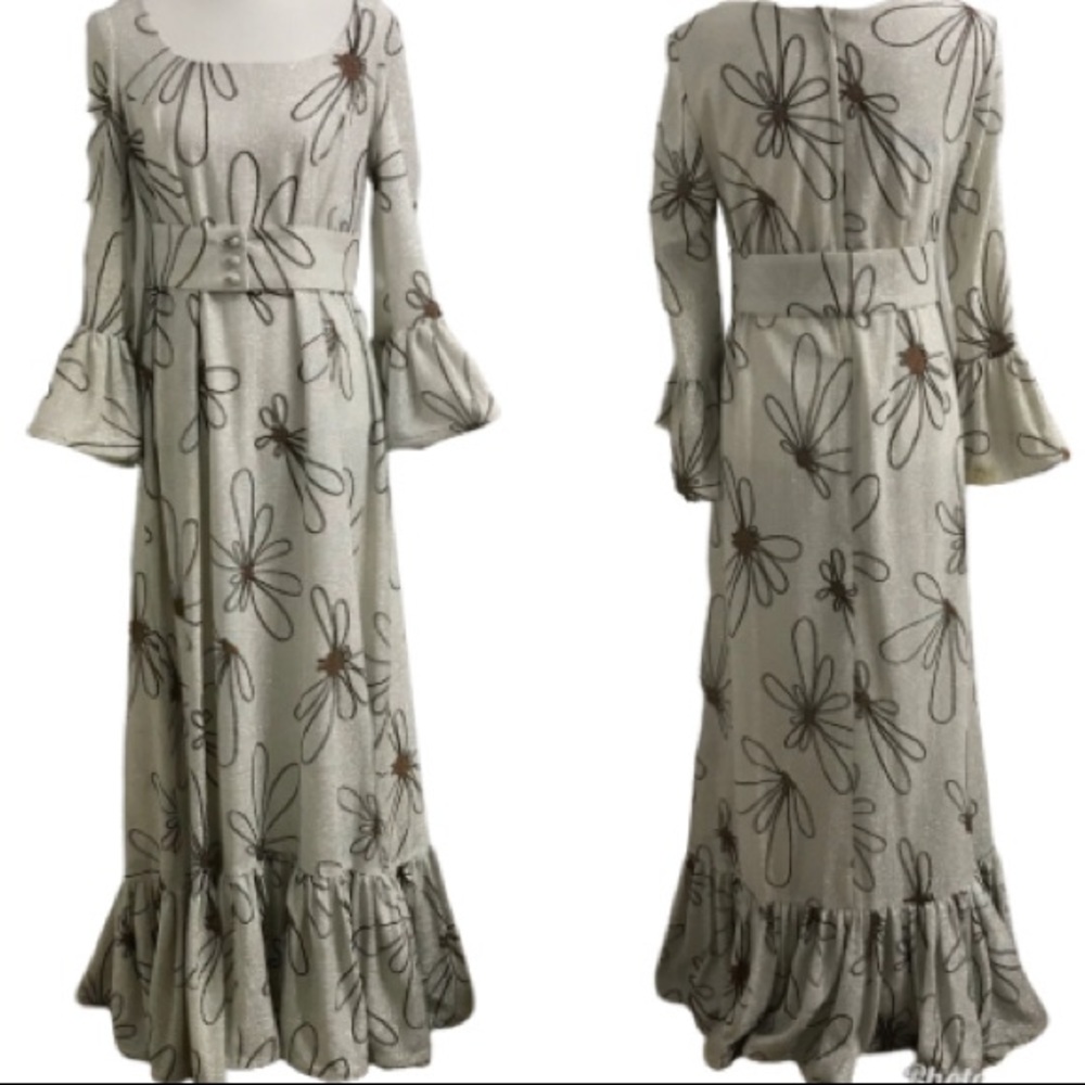 Lilli Diamond Vintage 70s Lurex Floral Print Bell Sleeve Maxi Dress L